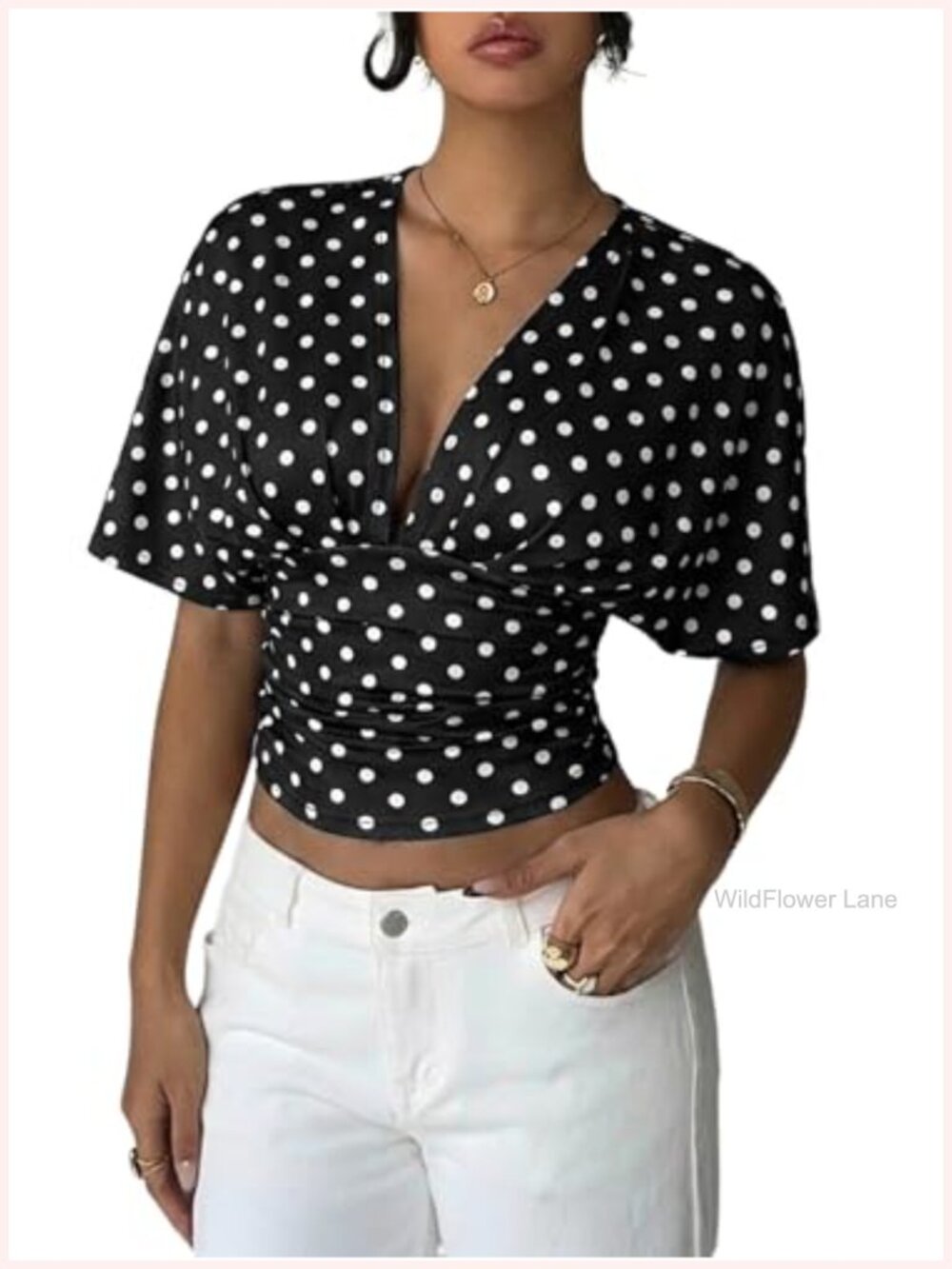 Women's Deep V-Neck Dolman Sleeve Crop Top Going Out Blouse